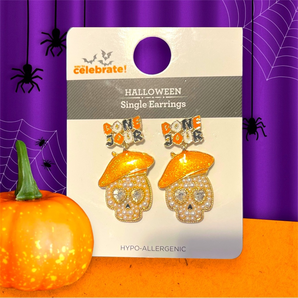 🎃 Halloween- Shiny Bone Jour Earrings with Pearls and Rhinestones 🍂🍁🎃